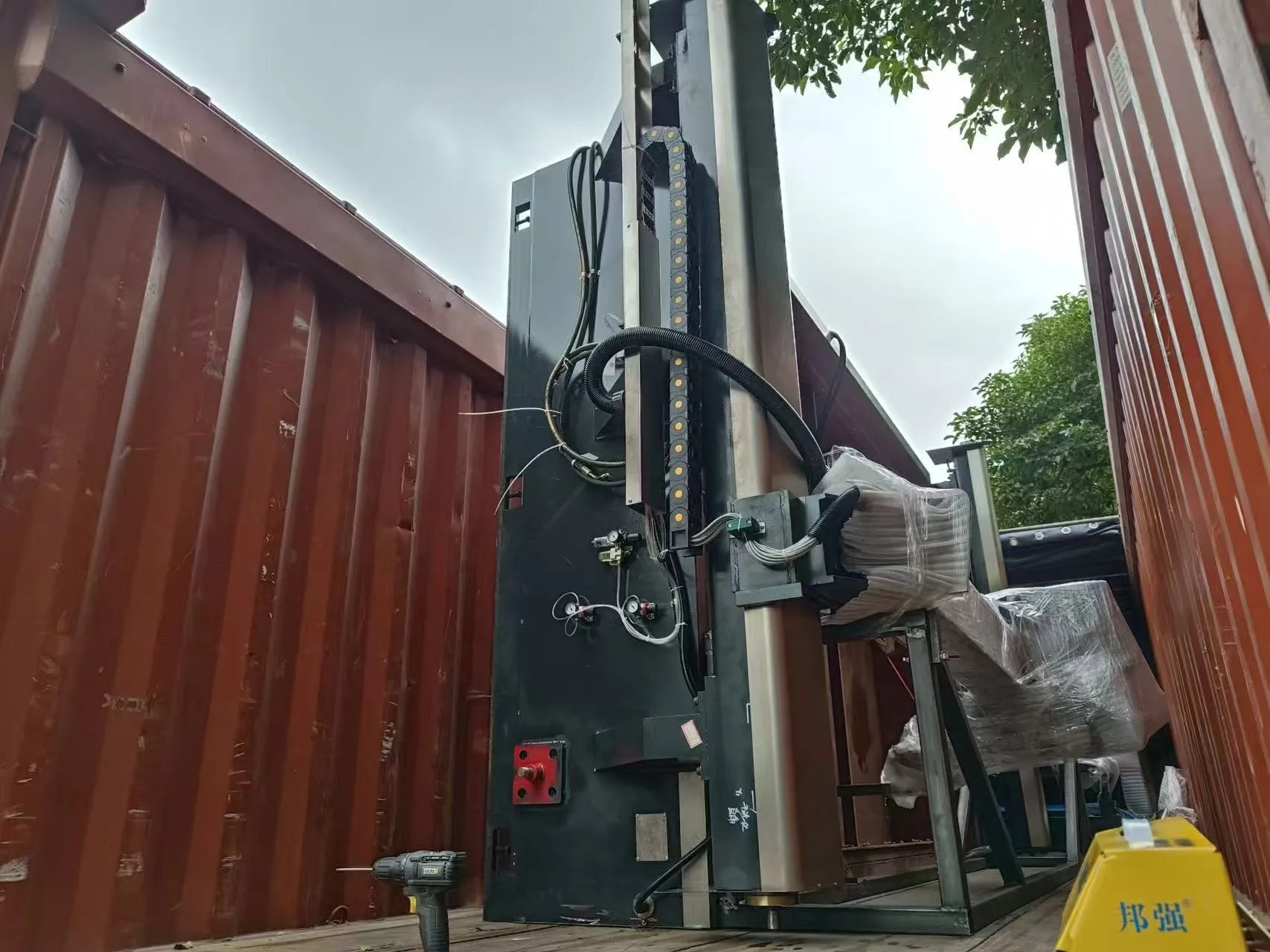 Machine braced inside the container before the doors close